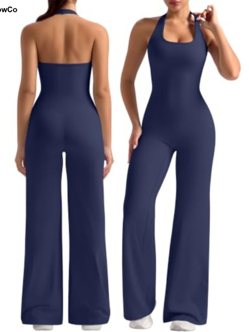 Women Wide Leg Jumpsuit Halter Neck Backless Built in Bra Athletic One Piece